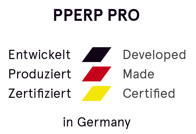 Das Bild zeigt unter der Überschrift PPERP PRO eine Deutschland-Flagge mit dem nebenstegehenden Text Entwickelt, Poduziert, Zertifiziert Developed Made Certified in Germany